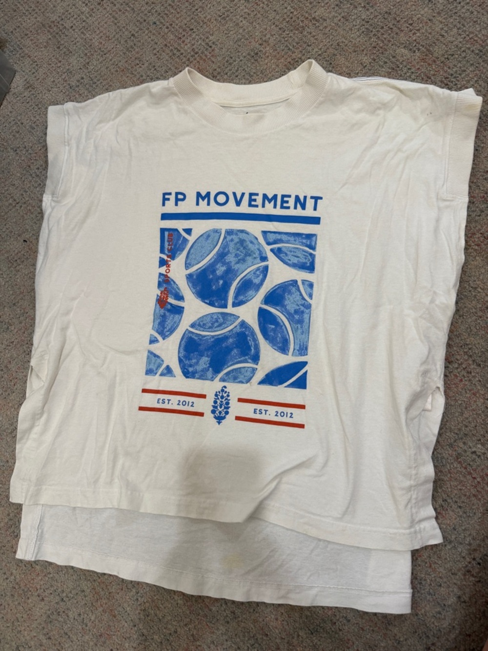 FP Movement by Free People White Tee with Blue Graphic and Red Stripe Accents